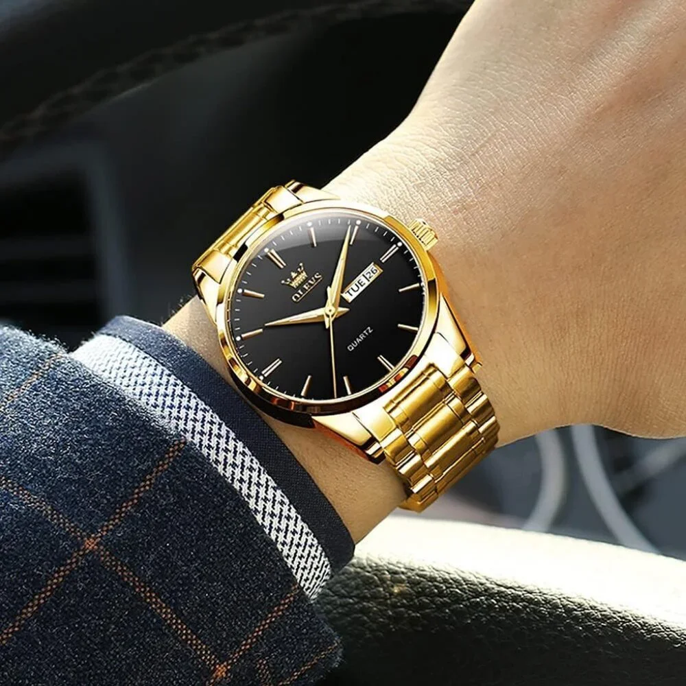 Olevs Men's Gold Steel Black-Dial Waterproof Stainless Luminous Stylish Watch